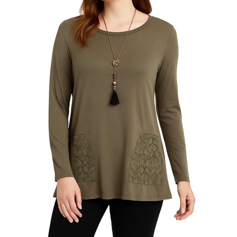 LOGO Lori Goldstein Womens M Olive Green Long Sleeve Top Lace Hem Boho Casual